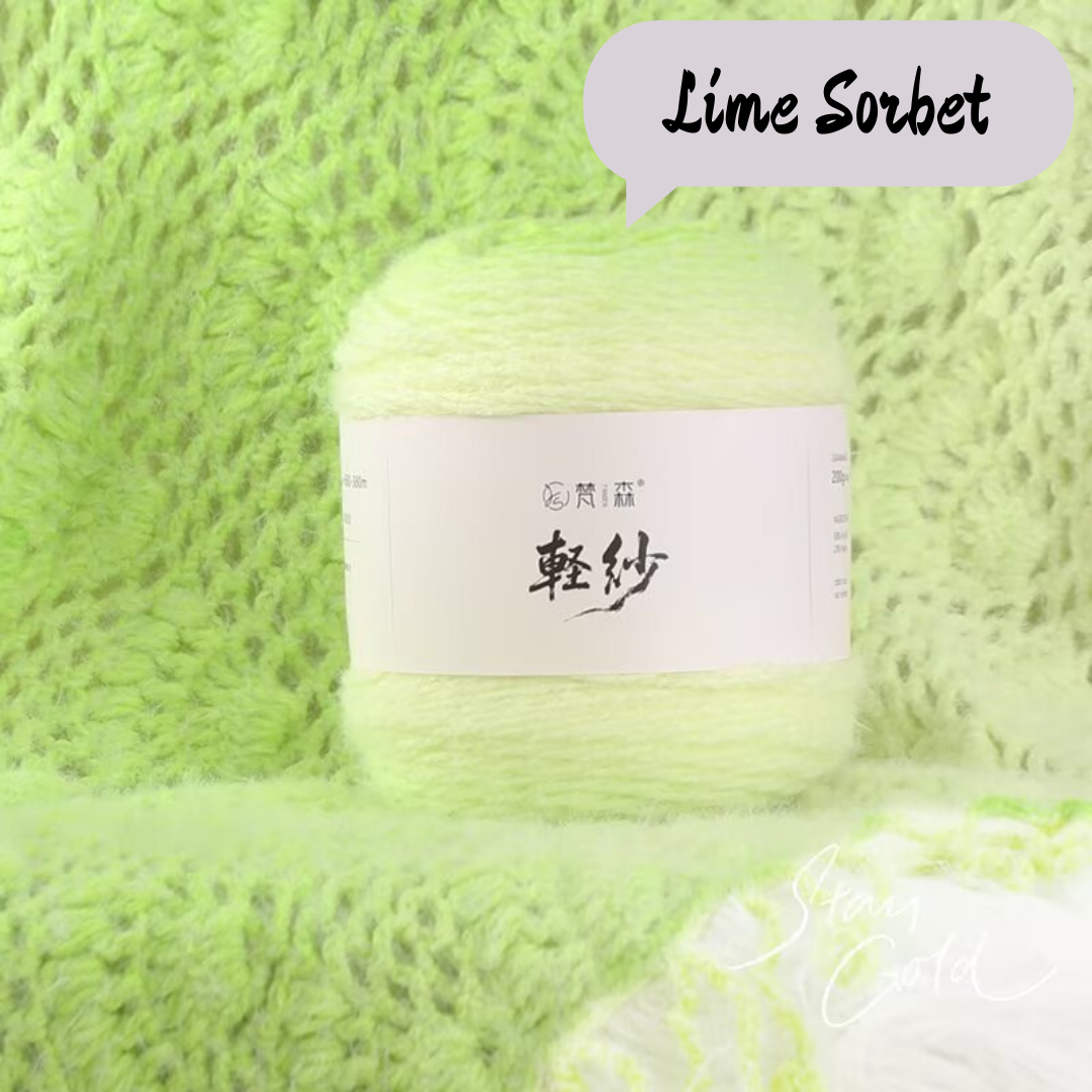 Ball of yarn labeled 'Lime Sorbet' with a textured green background
