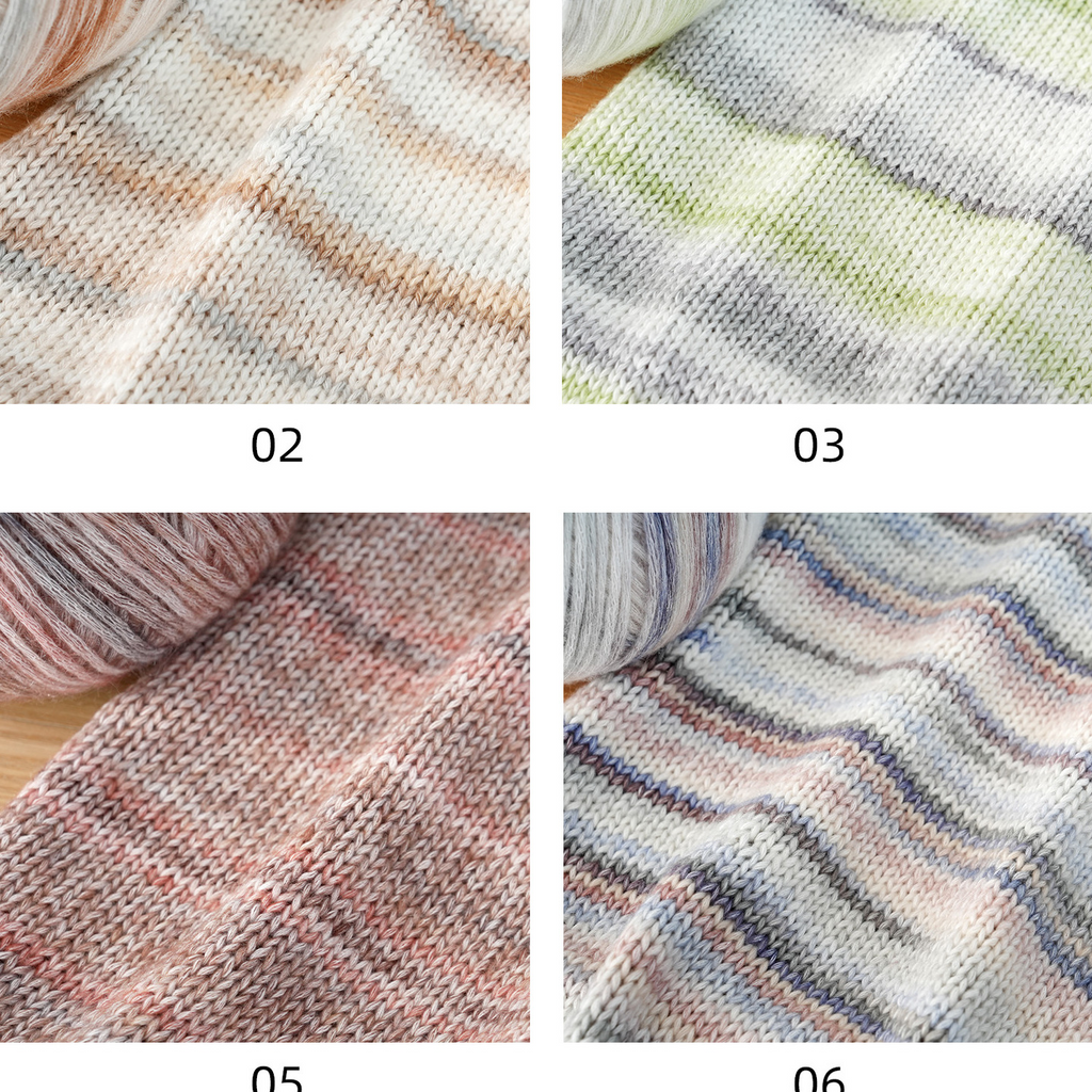 Four different yarn color swatches arranged in a 2x2 grid.