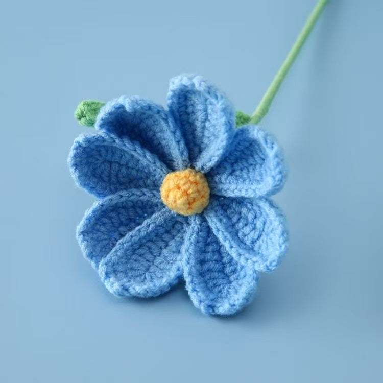Handmade crochet Gesang flower with blue petals and yellow centre – yarn floral home décor gift for flower lovers