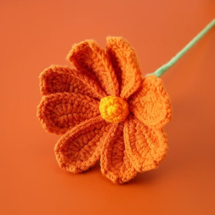 Handmade crochet Gesang flower with orange petals and yellow centre – yarn floral home décor gift for flower lovers