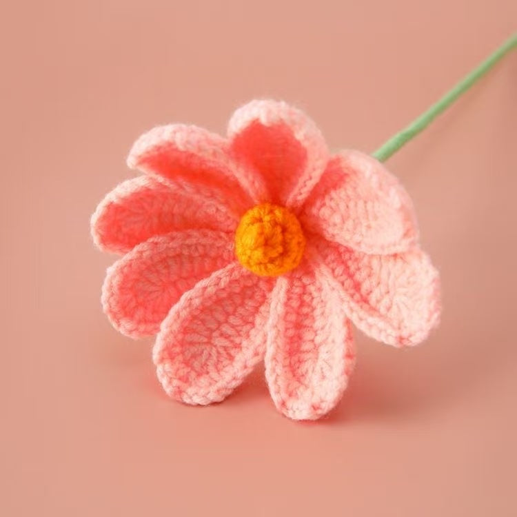Handmade crochet Gesang flower with pink petals and yellow centre – yarn floral home décor gift for flower lovers