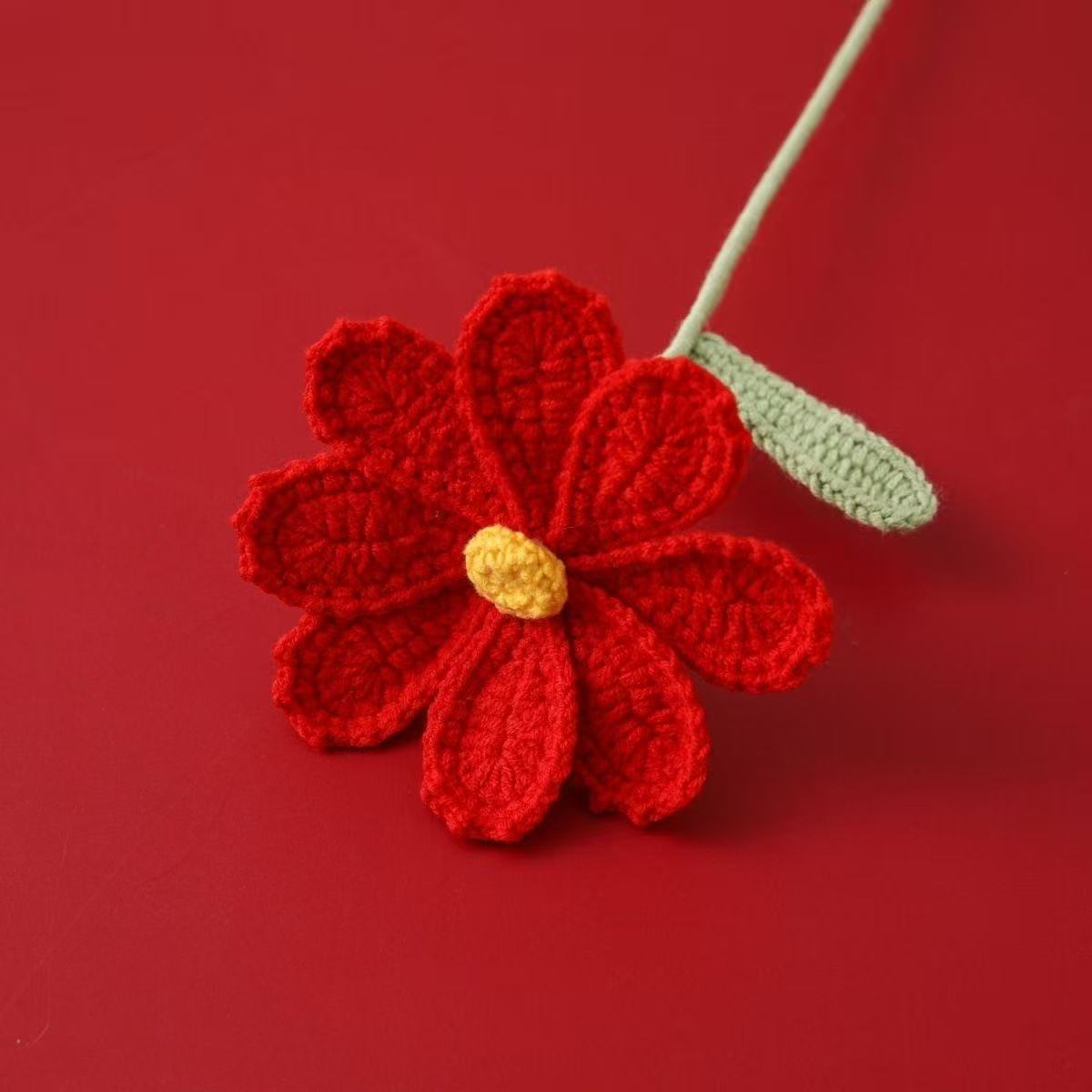 Handmade crochet Gesang flower with red petals and yellow centre – yarn floral home décor gift for flower lovers