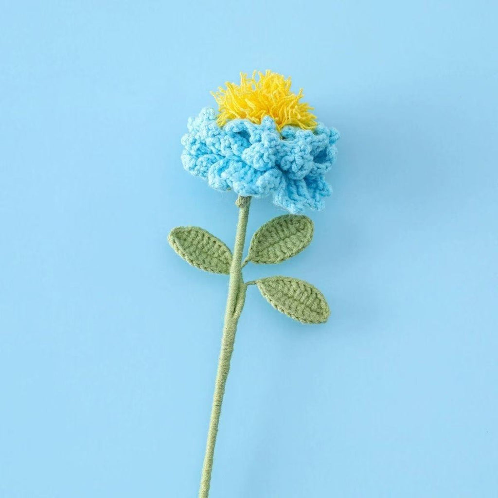 Handmade crochet peony flower in blue with yellow centre – soft yarn floral stem for UK home décor or gifting