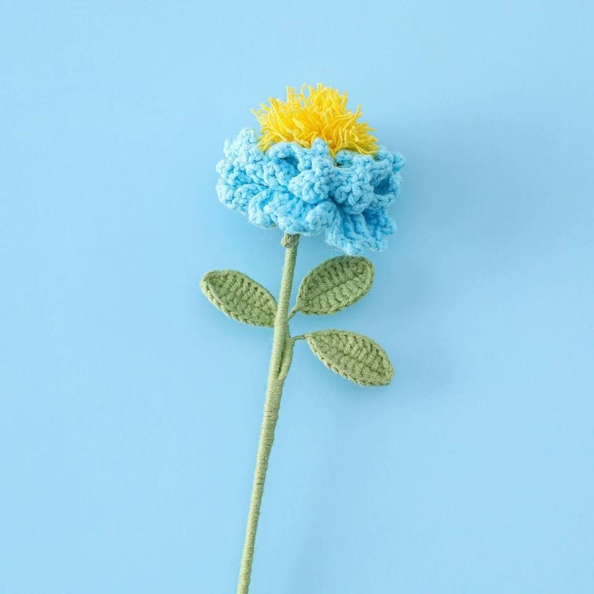 Handmade crochet peony flower in blue with yellow centre – soft yarn floral stem for UK home décor or gifting