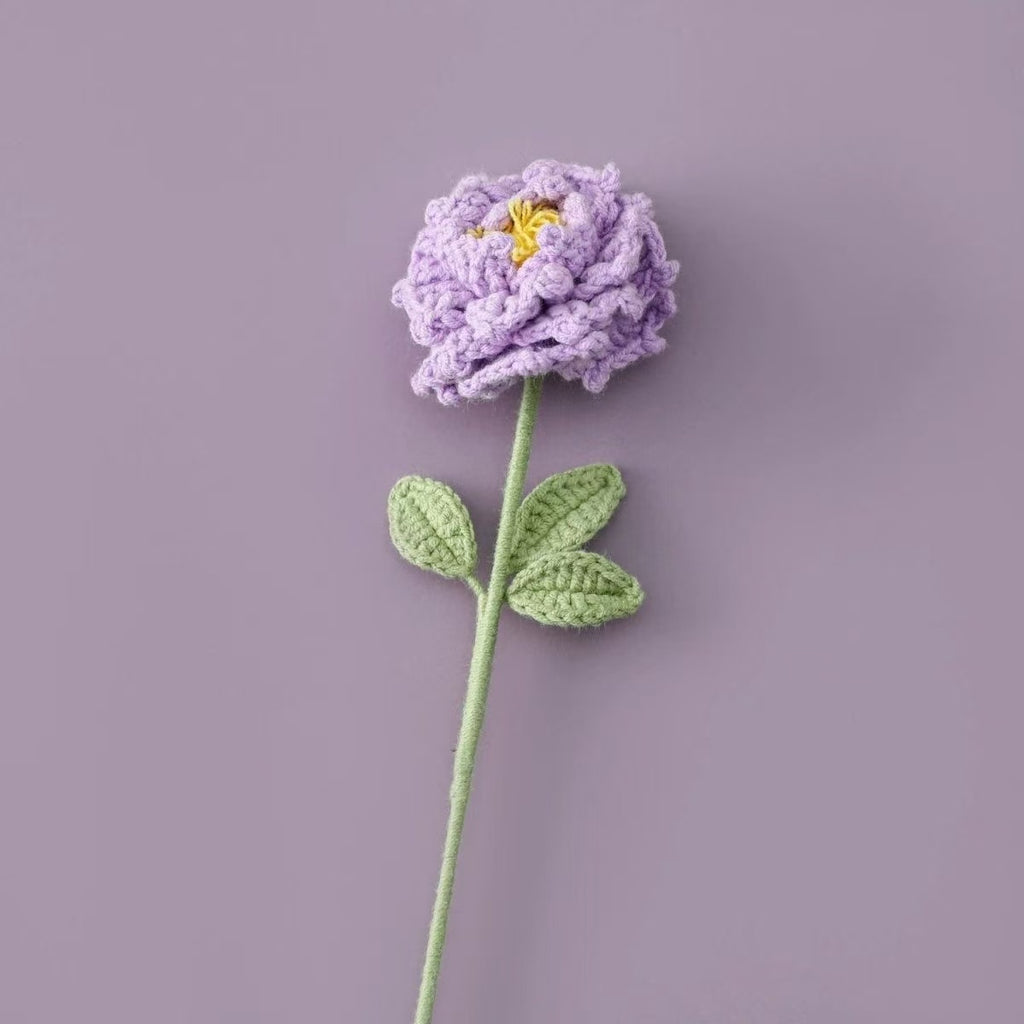 Handmade crochet peony flower in light purple with yellow centre – soft yarn floral stem for UK home décor or gifting
