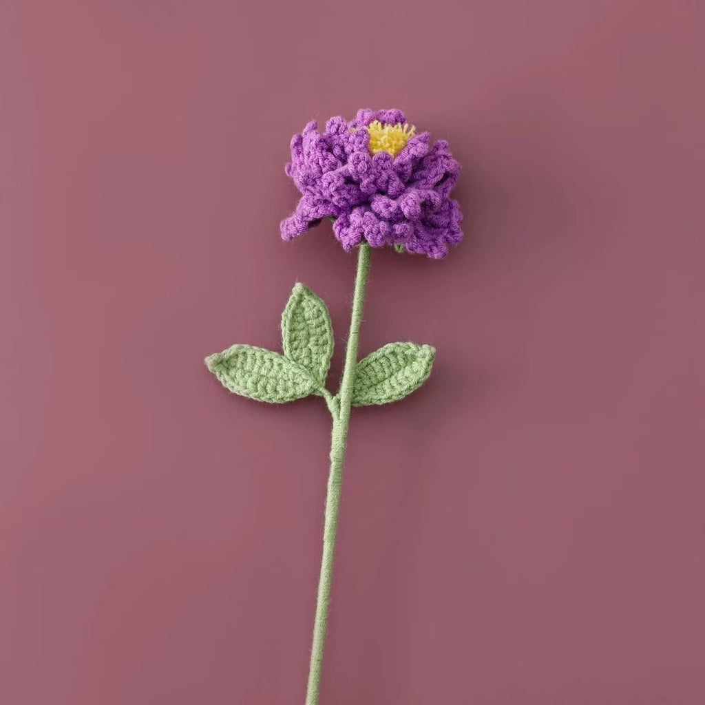 Handmade crochet peony flower in purple with yellow centre – soft yarn floral stem for UK home décor or gifting