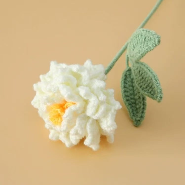 Handmade crochet peony flower in cream white with yellow centre – soft yarn floral stem for UK home décor or gifting