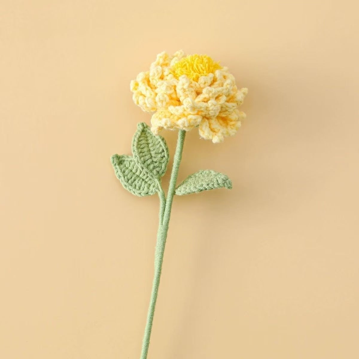 Handmade crochet peony flower in light yellow with yellow centre – soft yarn floral stem for UK home décor or gifting
