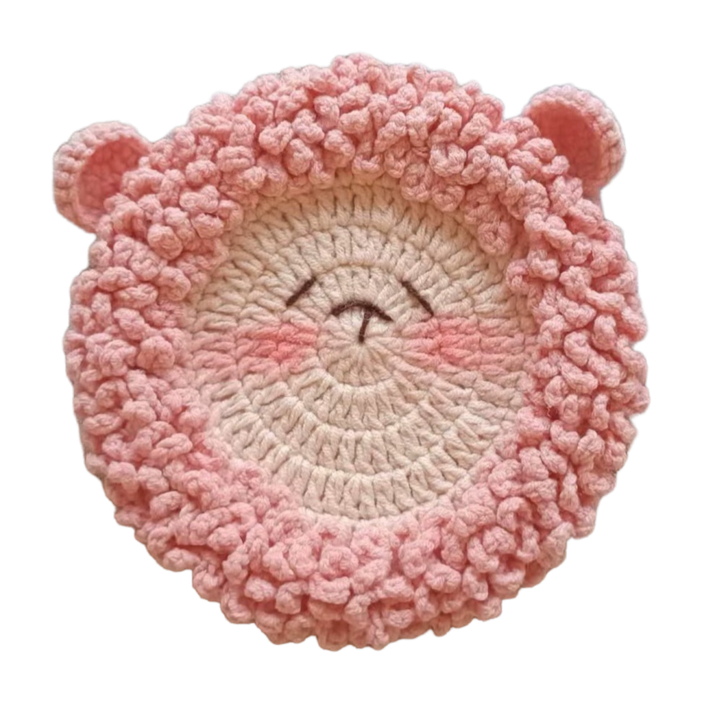 Handmade pink crochet sheep coaster set for mugs and cups