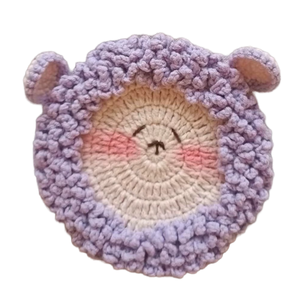 Handmade purple crochet sheep coaster set for mugs and cups