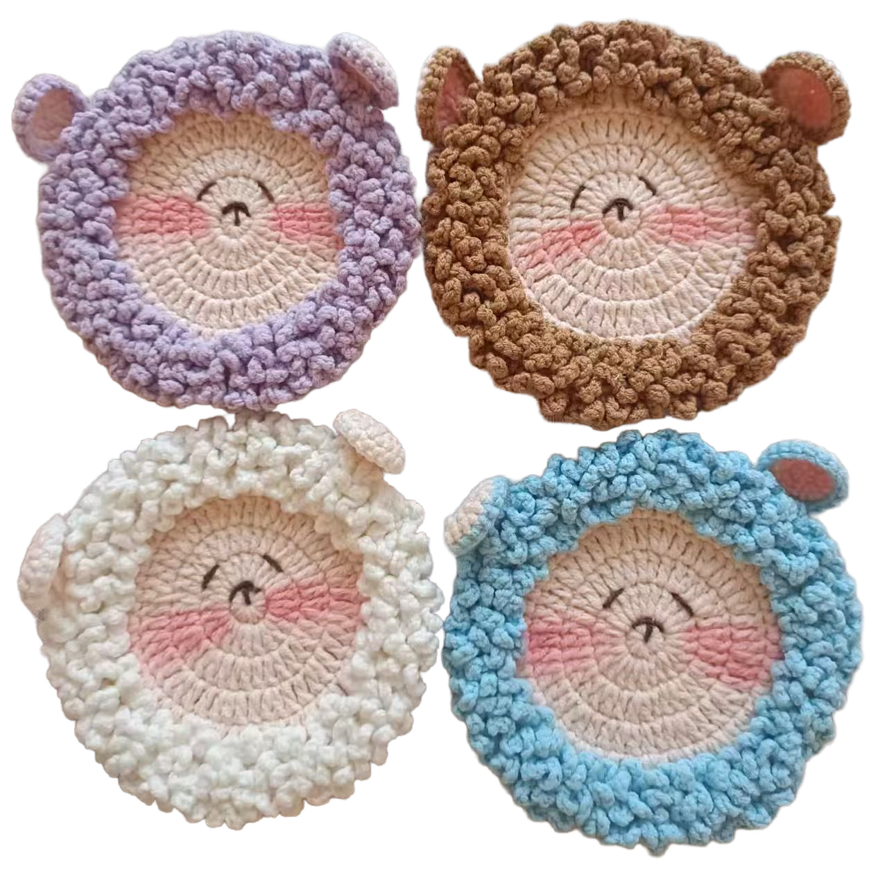 Four round, crocheted coasters with animal sheep faces in purple, brown, white, and blue on a white background.