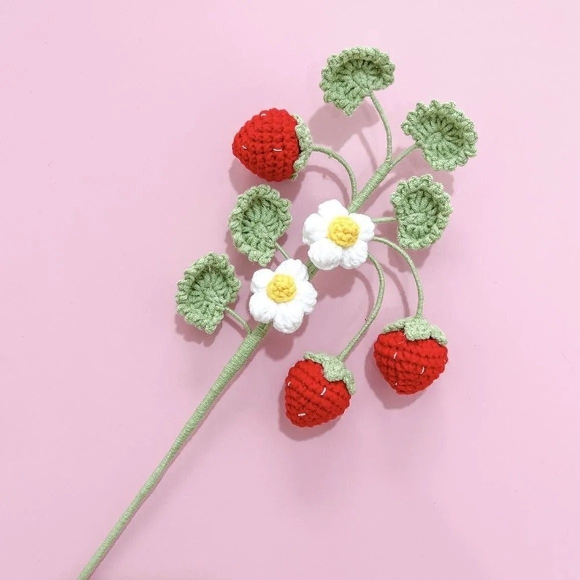Handmade crochet strawberry flower bunch with green leaves – whimsical soft yarn strawberry décor for gifts and home display in Britain