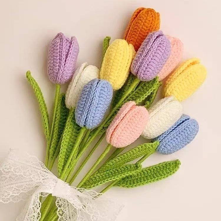Handmade crochet tulip flower with multiple color knitted bud and green stem, decorative artificial crochet flower for home décor or gift