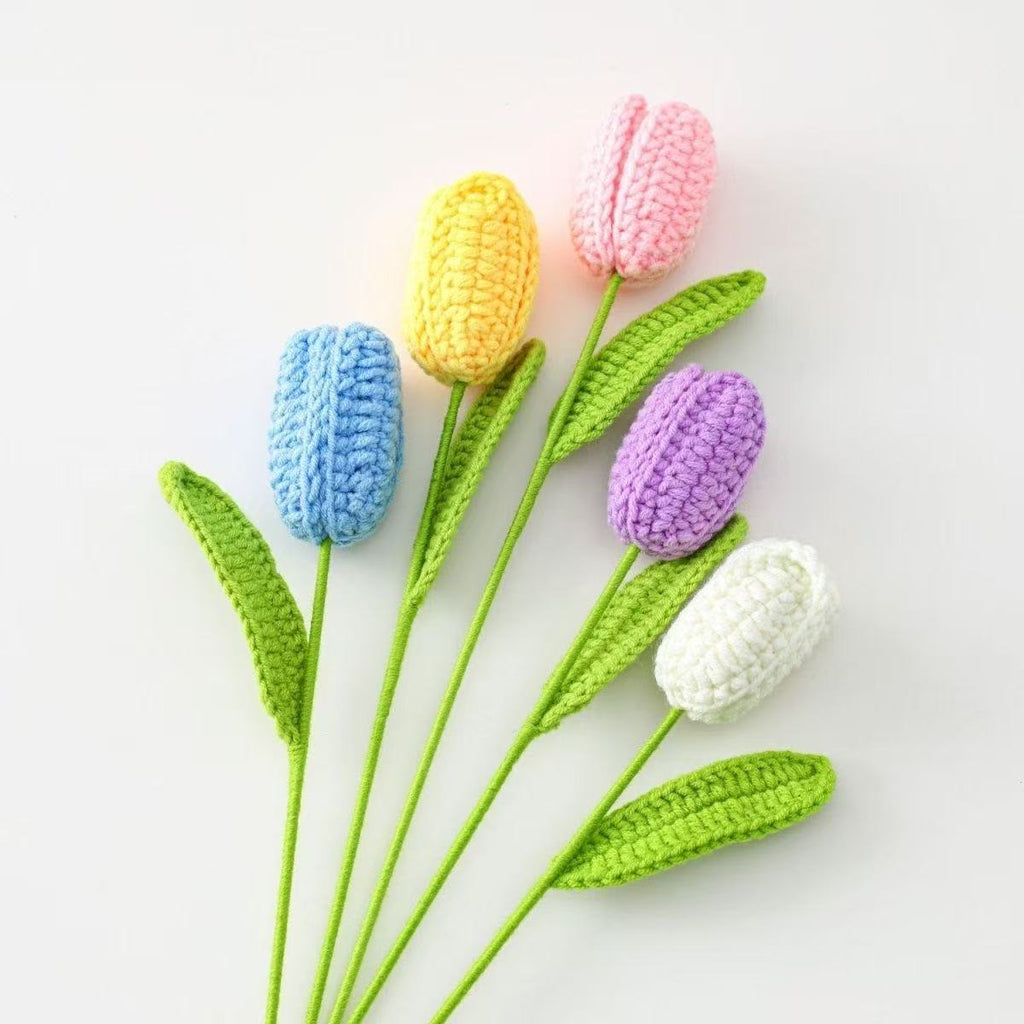 Handmade crochet tulip flower with multiple color knitted bud and green stem, decorative artificial crochet flower for home décor or gift