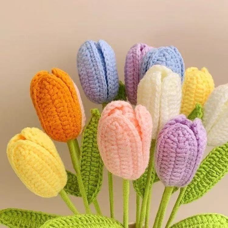Handmade crochet tulip flower with multiple color knitted bud and green stem, decorative artificial crochet flower for home décor or gift
