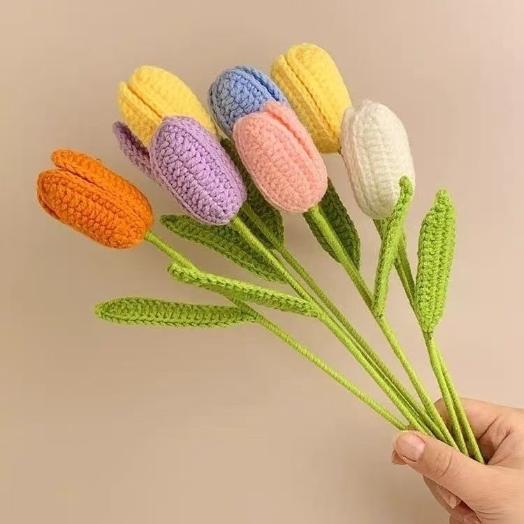 Handmade crochet tulip flower with multiple color knitted bud and green stem, decorative artificial crochet flower for home décor or gift