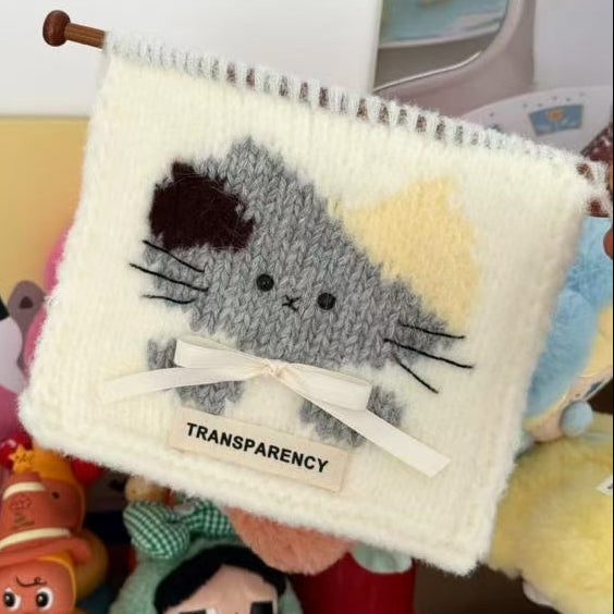 Handmade crochet cat pattern scarf kit with cream white yarn, knitting needles and cute kitten design, beginner-friendly crochet kit for cosy winter accessories