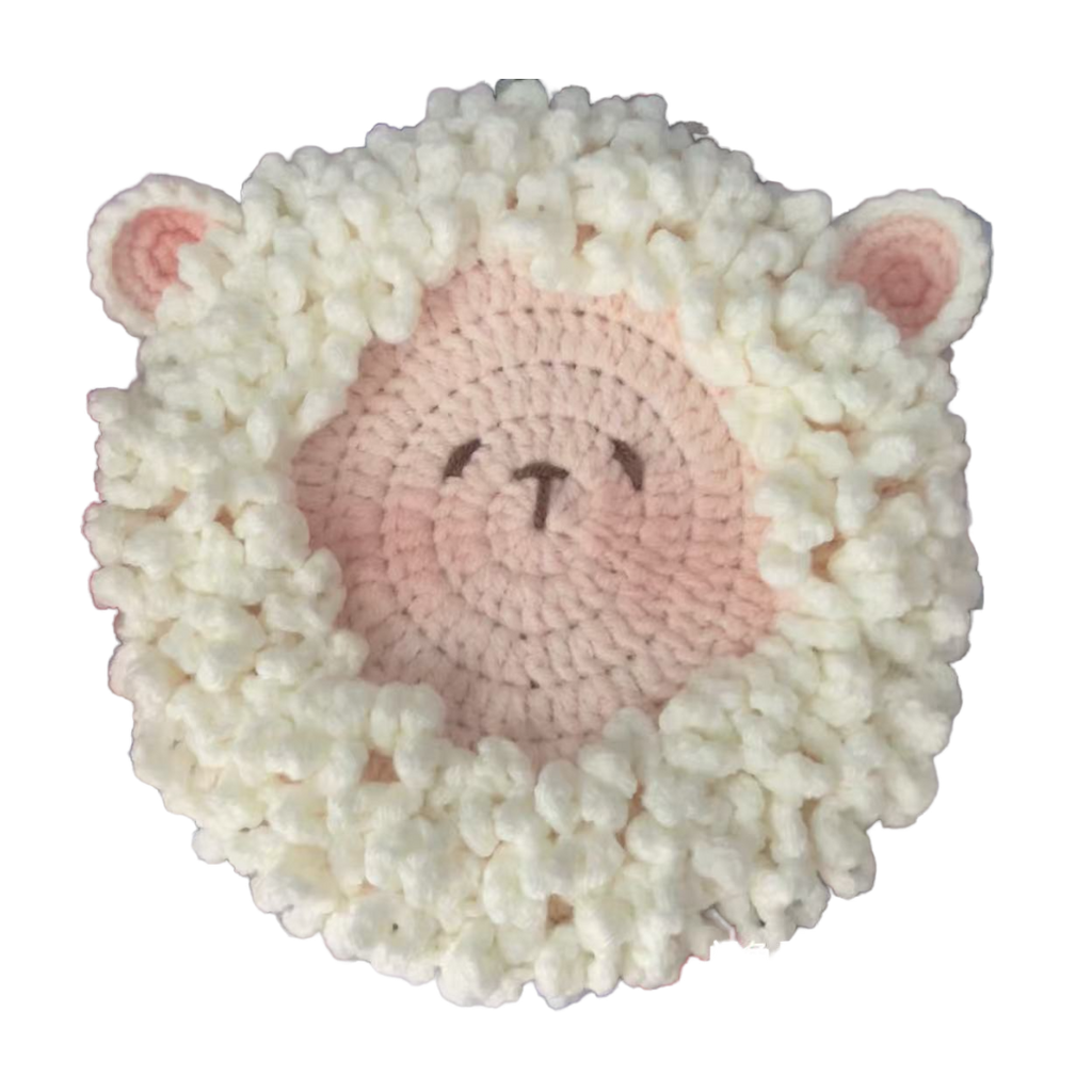 Crocheted sheep toy with white wool and pink face on a white background