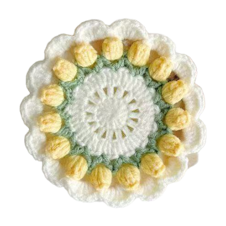 Crocheted coaster with white center and yellow tulip