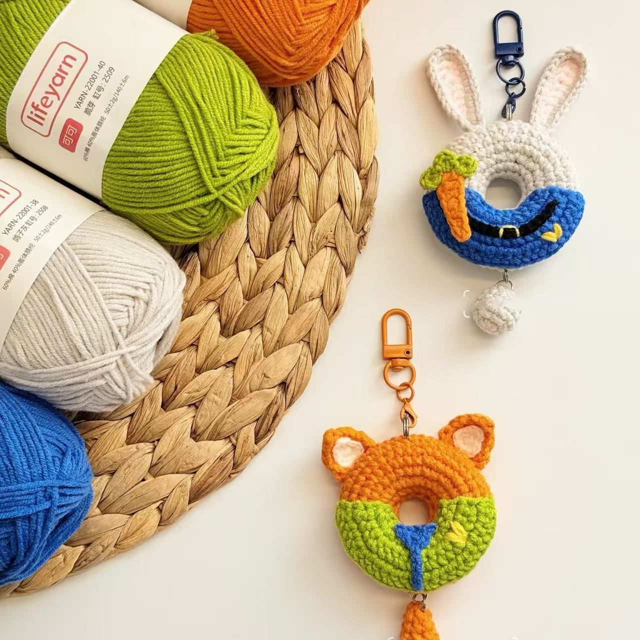 Zootopia crochet keychain kit featuring Judy Hopps bunny and Nick Wilde fox, DIY handmade crochet animal keyring kit with yarn and accessories