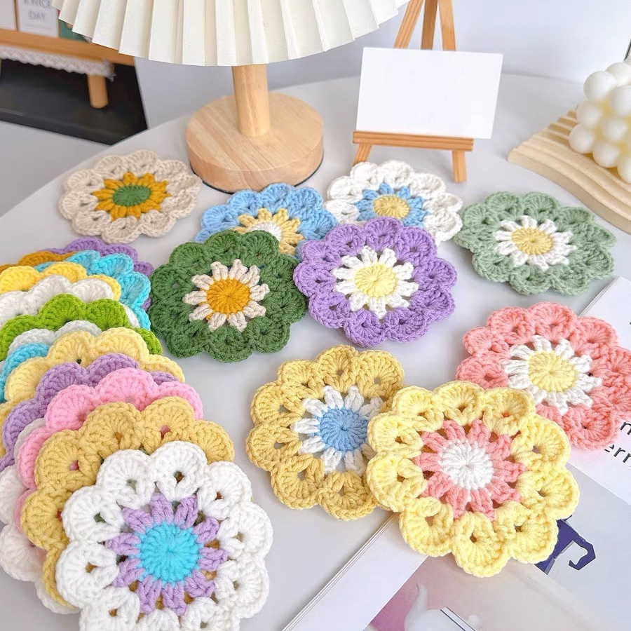 Crochet flower mug mats adding colour to table décor and home living spaces
