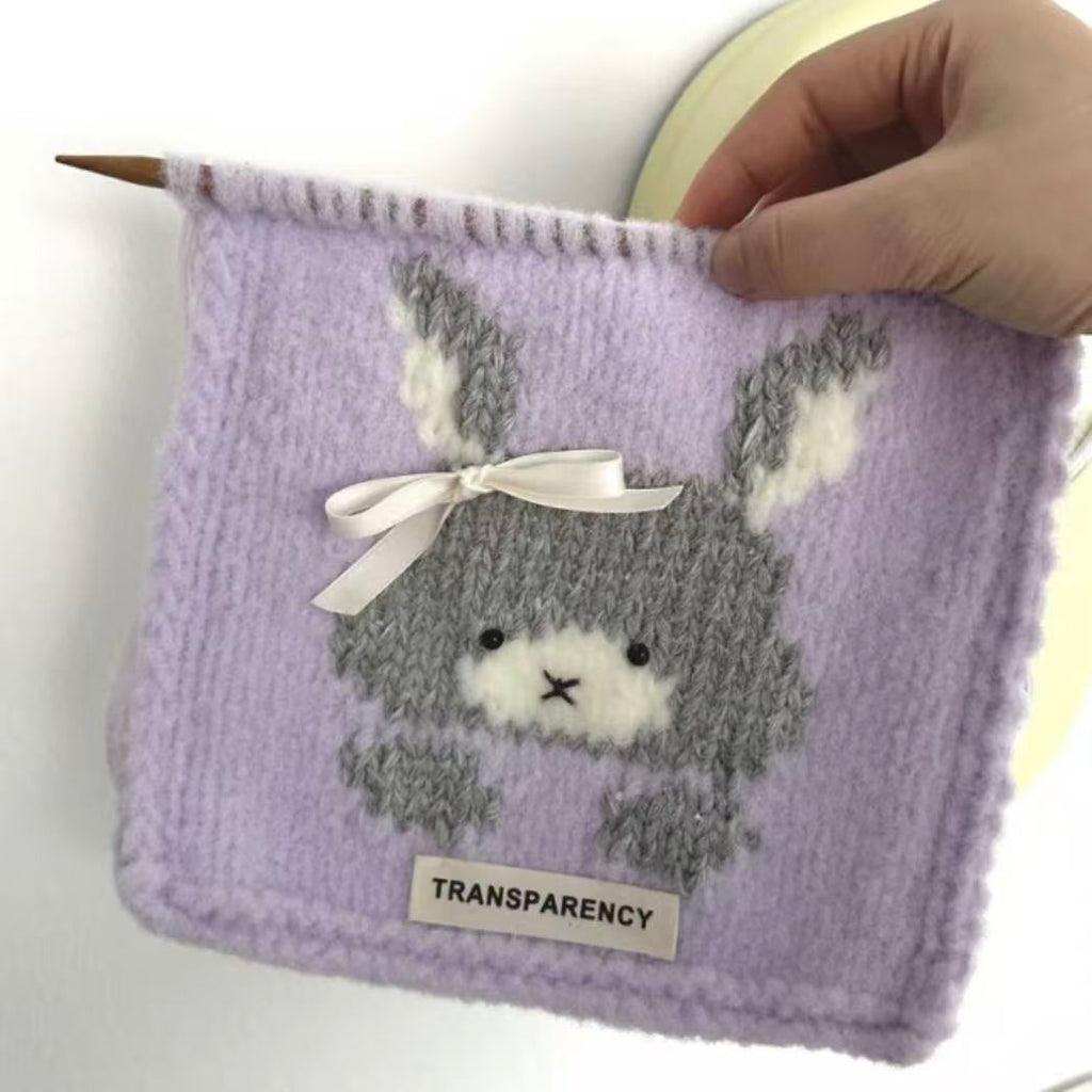 Handmade knitting cat pattern scarf kit with purple yarn, knitting needles and cute kitten design, beginner-friendly knitting kit for cosy winter accessories
