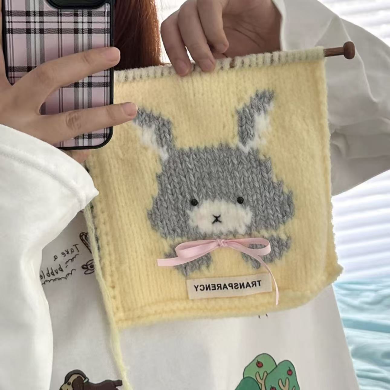 Handmade knitting cat pattern scarf kit with yellow yarn, knitting needles and cute kitten design, beginner-friendly knitting kit for cosy winter accessories