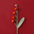 Crocheted red Lily of the Valley puff flowers with green leaves on a red background